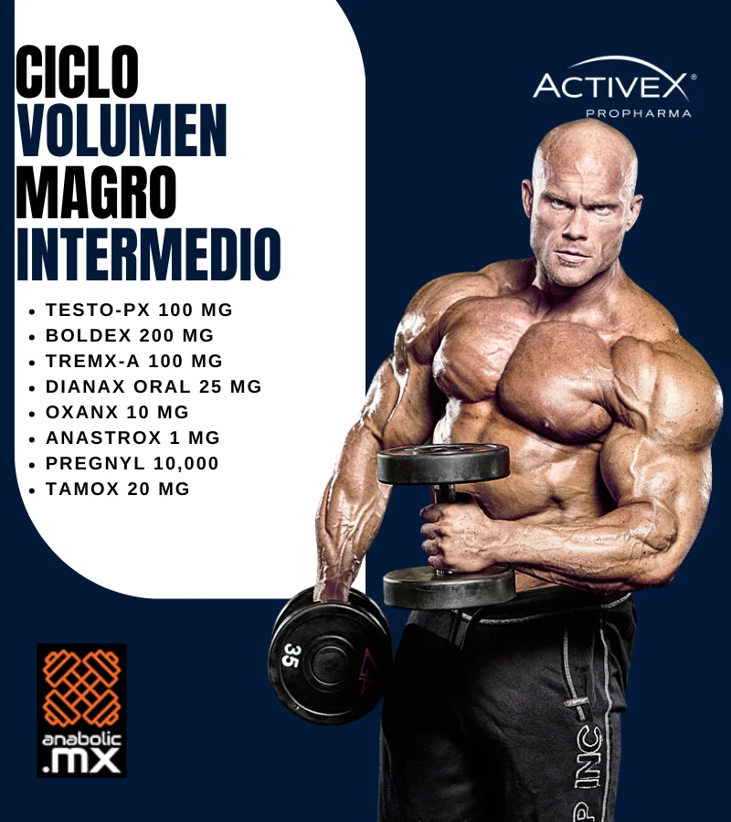 Tabla del Ciclo Volumen Magro Intermedio ActiveX con detalles de sus componentes: Testosterona Propionato, Boldenona, Trembolona Acetato, Dianabol, Oxandrolona, Anastrozol, Pregnyl y Tamoxifeno.