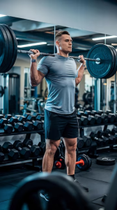 Hombre joven realizando curl de bíceps con mancuerna en gimnasio, enfocándose en el desarrollo del músculo del brazo