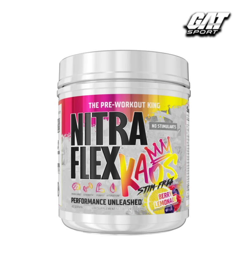 Bote de GAT Nitraflex Kaos Stim Free Sport, pre-entrenamiento de alto impacto con fórmula avanzada para aumentar energía, enfoque mental y congestión muscular, ideal para entrenamientos intensos.