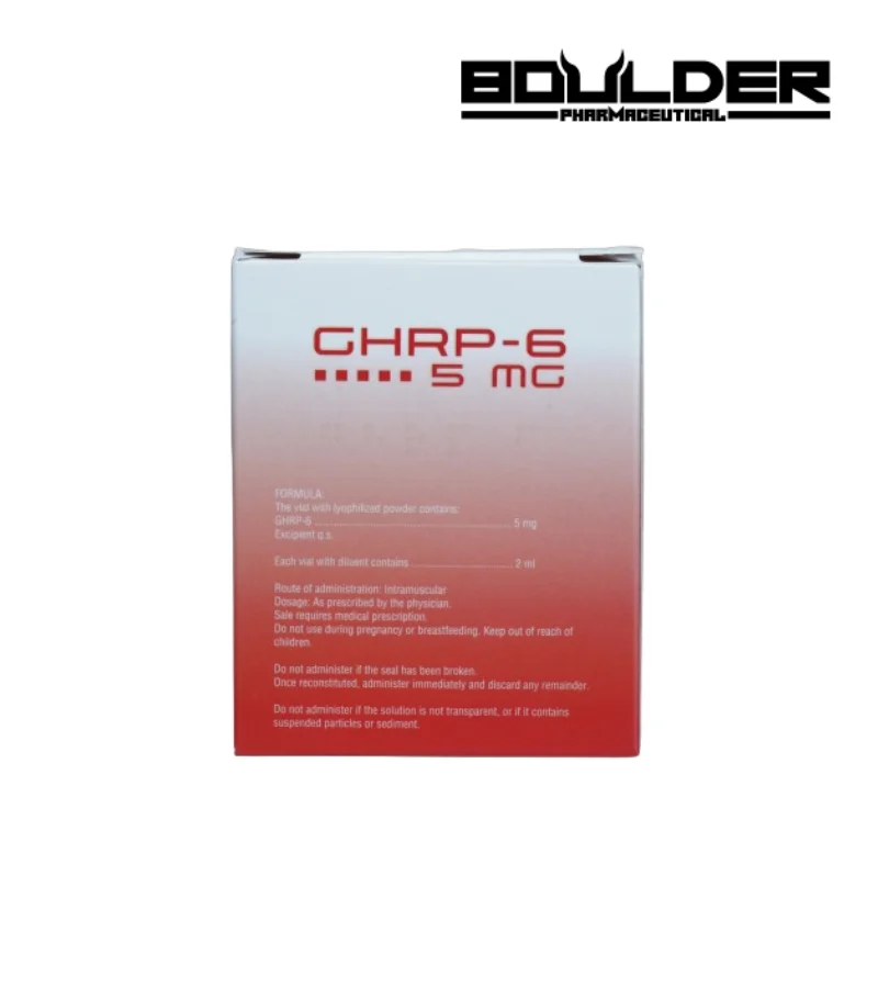 Parte posterior de la caja de GHRP-6 5 mg de Boulder Pharmaceutical