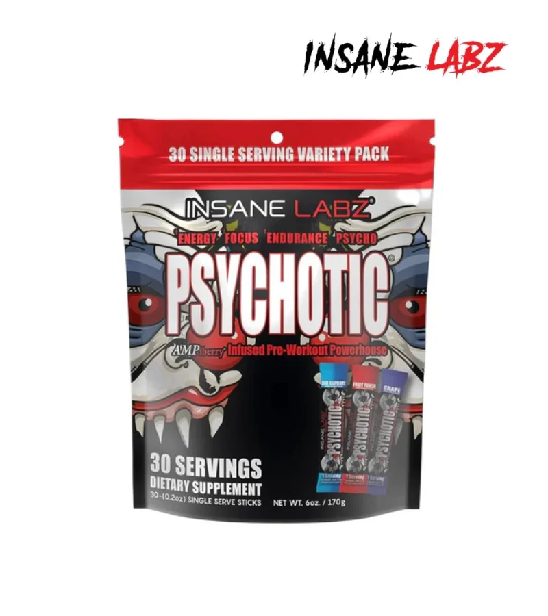 Insane Labz Psychotic 30 sticks suplemento pre entrenamiento en sobres individuales sabores variados.