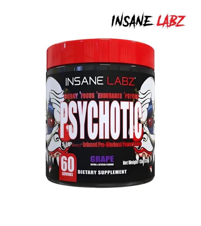 Insane Labz Psychotic 60 porciones sabor grape pre entrenamiento en polvo.